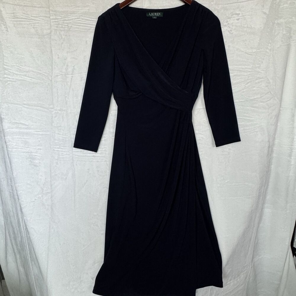 Lauren Ralph Lauren Elegant Faux Wrap Ruched Waist Midi Dress M Slinky Sz 2